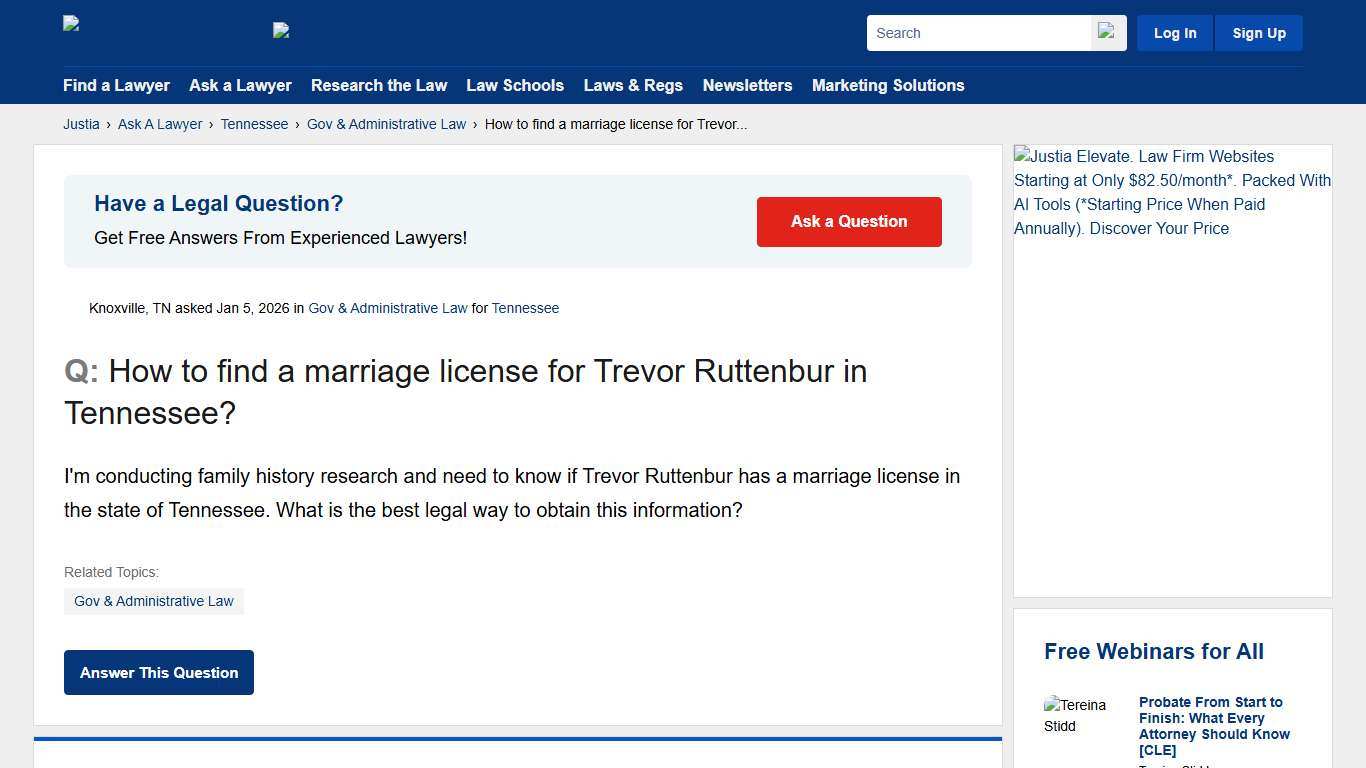 How to find a marriage license for Trevor Ruttenbur in Tennessee? - Tennessee Gov & Administrative Law Questions & Answers - Justia Ask A Lawyer